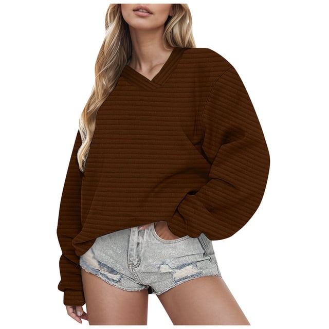 WEAIXIMIUNG Sweatshirt Women Plus Size Solid Color V Neck Long Sleeved Hoodless Sweatshirt for Women