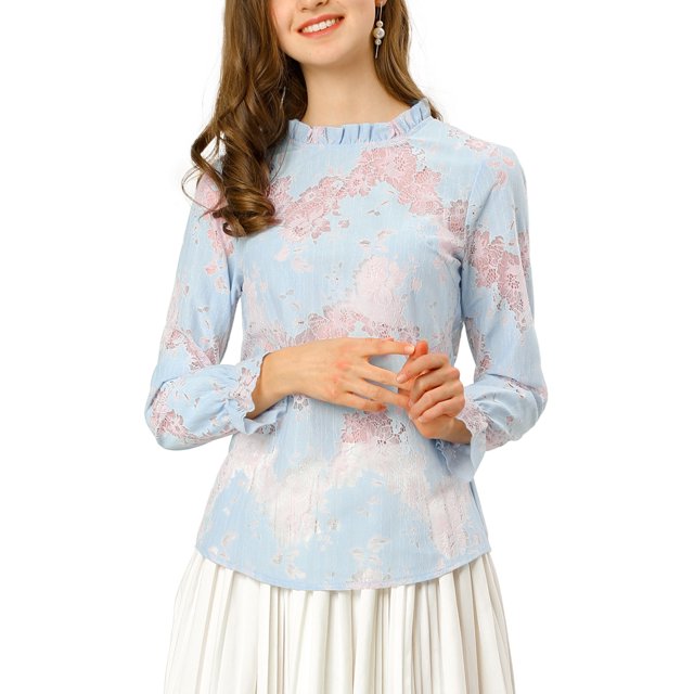 INSPIRE CHIC Women's Crochet Lace See Through Floral Ruffle Neck Blouse