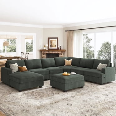 HONBAY Canapé Sectionnel Moderne de 128,1 Pouces en Velours Côtelé en Forme de U, Grand Lit avec Ottomans de Rangement pour Salon, Vert