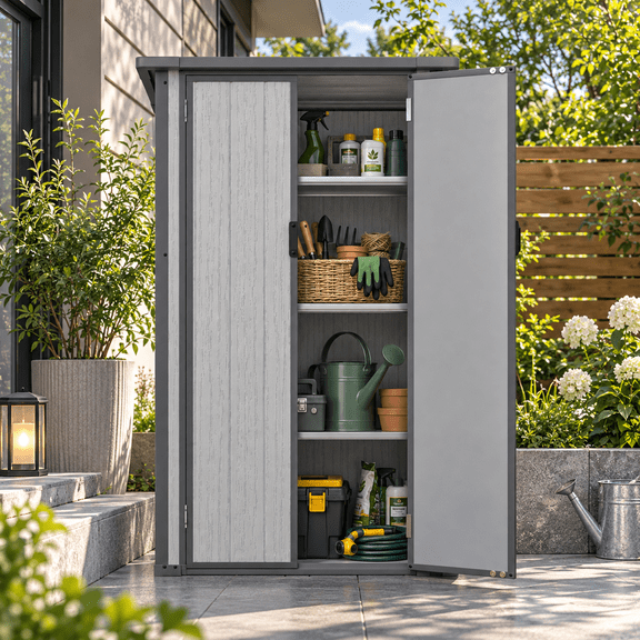 AECOJOY 70 In Tall Resin Outdoor Storage Cabinet with Base, 3 Adjustable Shelves & Lockable Doors