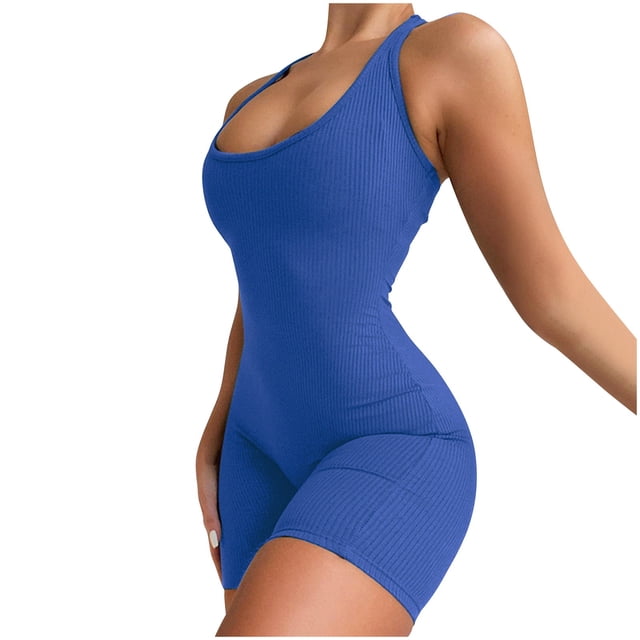 asjyhkr Womens Workout Seamelss Jumpsuit Yoga Ribbed Bodycon One Piece Square Neck Tank Top Romper