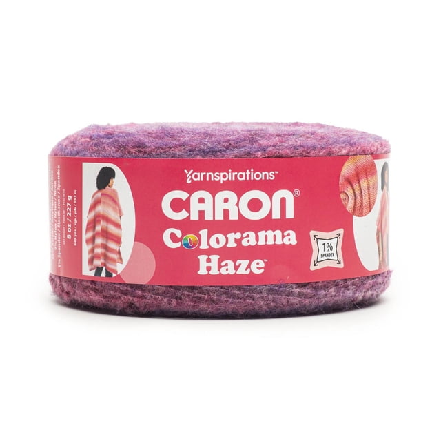 Caron Colorama Haze bulky #4 medium weight acrylic blend yarn, 8oz (227g) skein with 649 yards, in a soft purple textured striping yarn, labeled Yarnspirations, ideal for knitting and crochet projects including cozy shawls and sweaters.