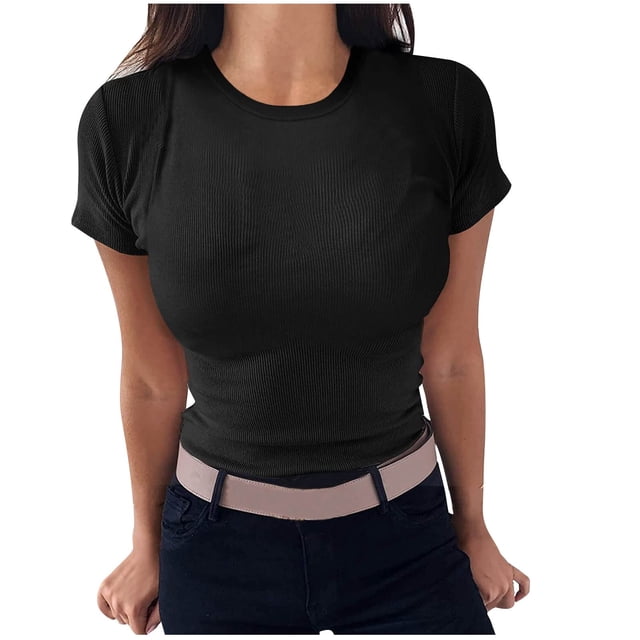AherBiu Hauts Côtelés pour Femmes Été Col Ras du Cou Tricoté Manches Courtes Extensible Coupe Ajustée Hauts de Sortie T-Shirts Chemises