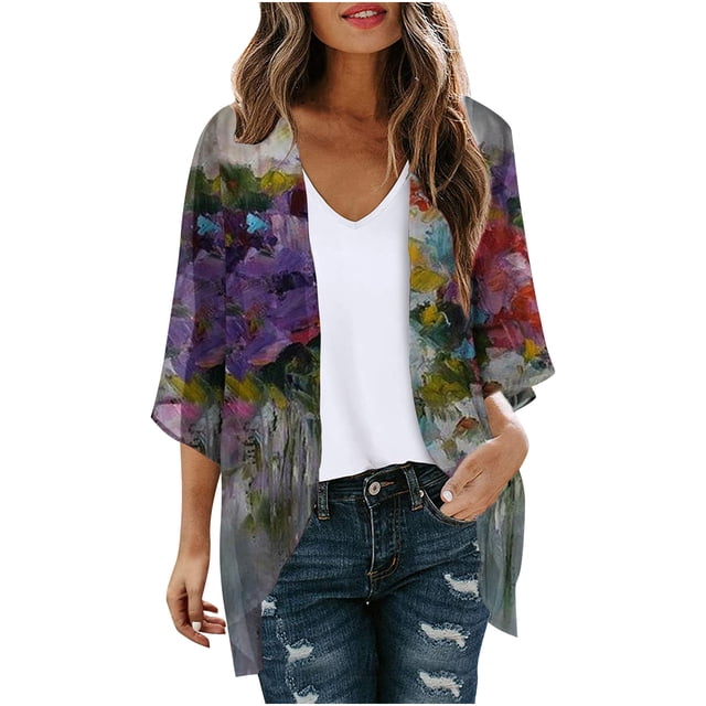 TIMIFIS Women Cardigan 3/4 Sleeves Open Front Lightweight Cardigan Draped Ruffles Knit Cardigan-Purple-XLFall