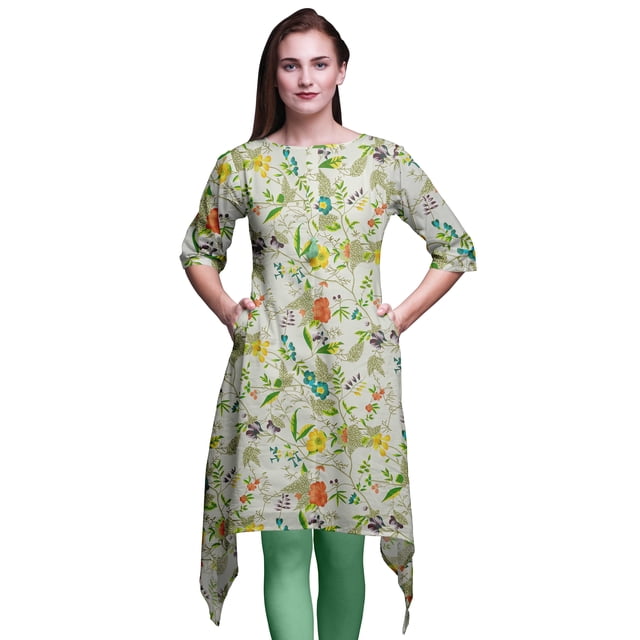 Bimba Kurti Asymétrique à Imprimé Floral et Feuilles Vertes pour Femmes, Robe d'Été Indienne, Tunique, Très Grand