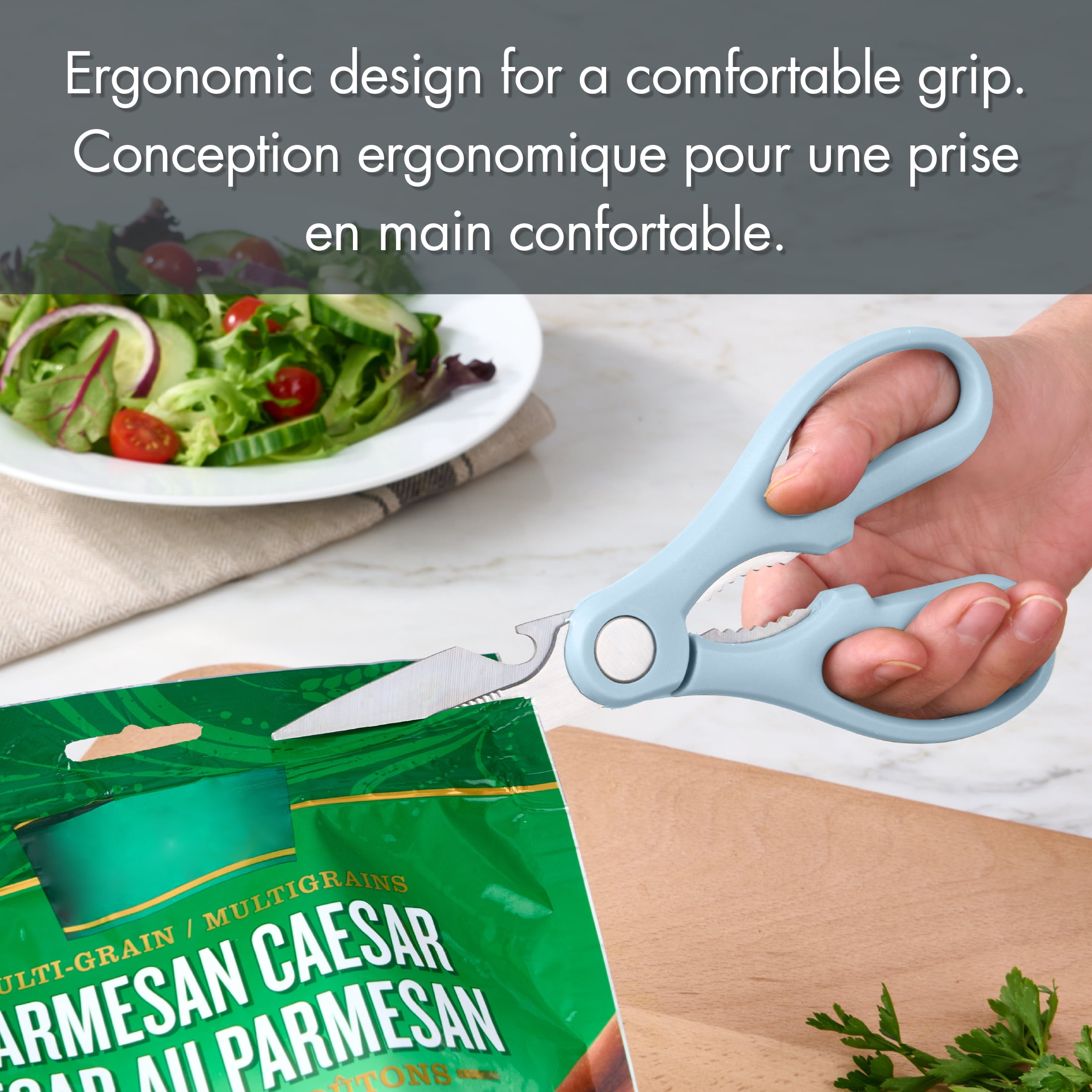 Ciseaux de cuisine Mainstays avec lames en acier inoxydable, décapsuleur et casse-noix intégrés, 19 cm, Bleu