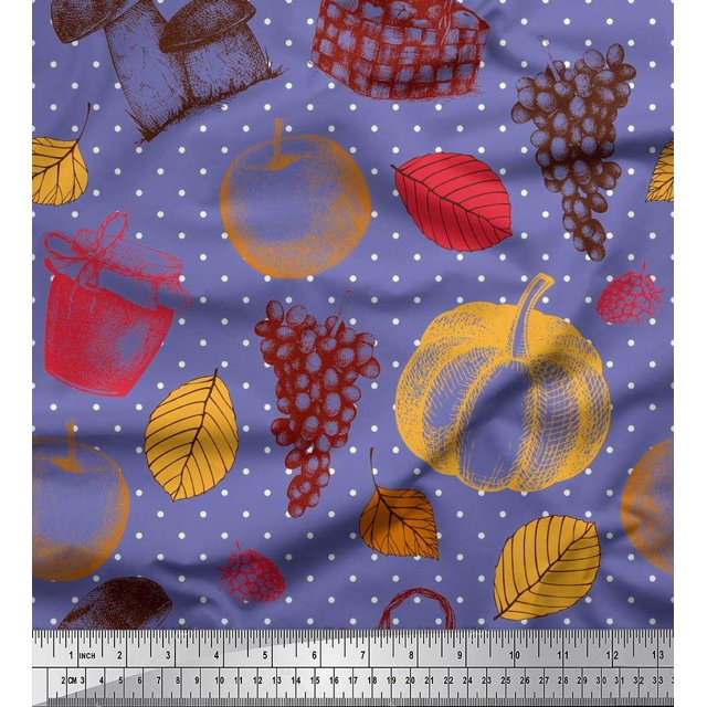 Soimoi Poly Georgette Fabric Mushroom,Grapes & Fresh Fabric Prints by Yard 52 Inch Wide