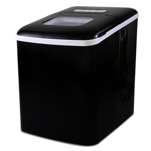 Koolatron Compact Countertop Ice Maker with digital controls and LED indicators, black rectangular design with white trim and transparent top lid, fast ice production for home use, featuring a removable ice bucket and suitable for portable use in kitchens or bars.