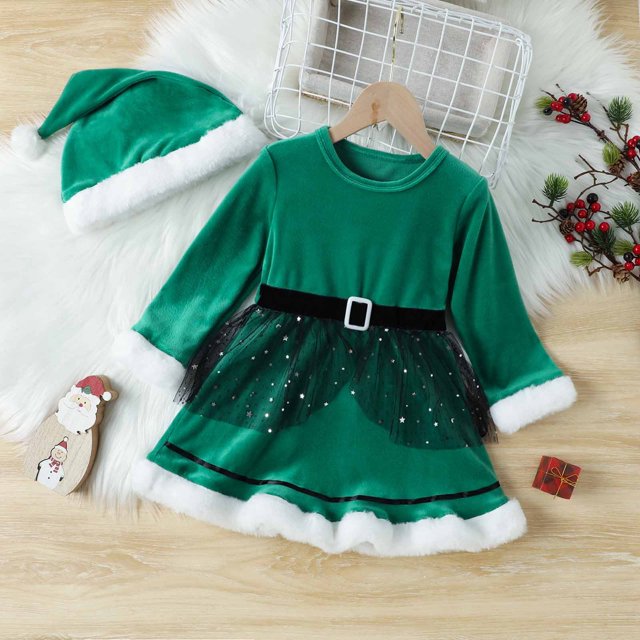 LSLJS Robe de Noël pour Tout-Petite Fille, Robe à Manches Longues pour Filles avec Coutures, Ensemble Robe et Bandeau pour Enfants, Robes de Jeu pour Filles