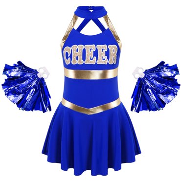Yanarno Costume de Pom-Pom Girl pour Filles Sans Manches à Lettres Imprimées Uniforme de Cheerleading Robe Plissée avec Pompons Bleu Royal 10
