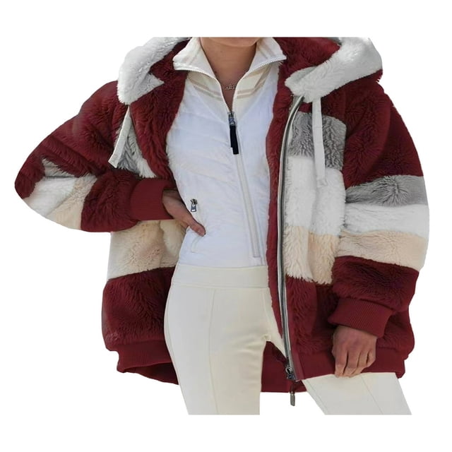 Women Fuzzy Fleece Hooded Coat Open Front Color Block Fluffy Hoodies Jacket Outwear with Pockets