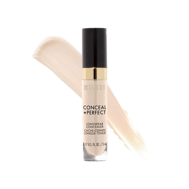 Milani Conceal + Perfect Cache-Cernes Longue Tenue en tube Transparent avec Capuchon Noir et Bande Dorée, Contenant un Cache-Cernes Liquide beige Pâle, Montré avec un Éclat derrière sur Fond Blanc. Ce Cache-Cernes Couvrance Totale et Hydratant Cible les Imperfections et les Cernes sous les Yeux jusqu'à 12 Heures de Port.