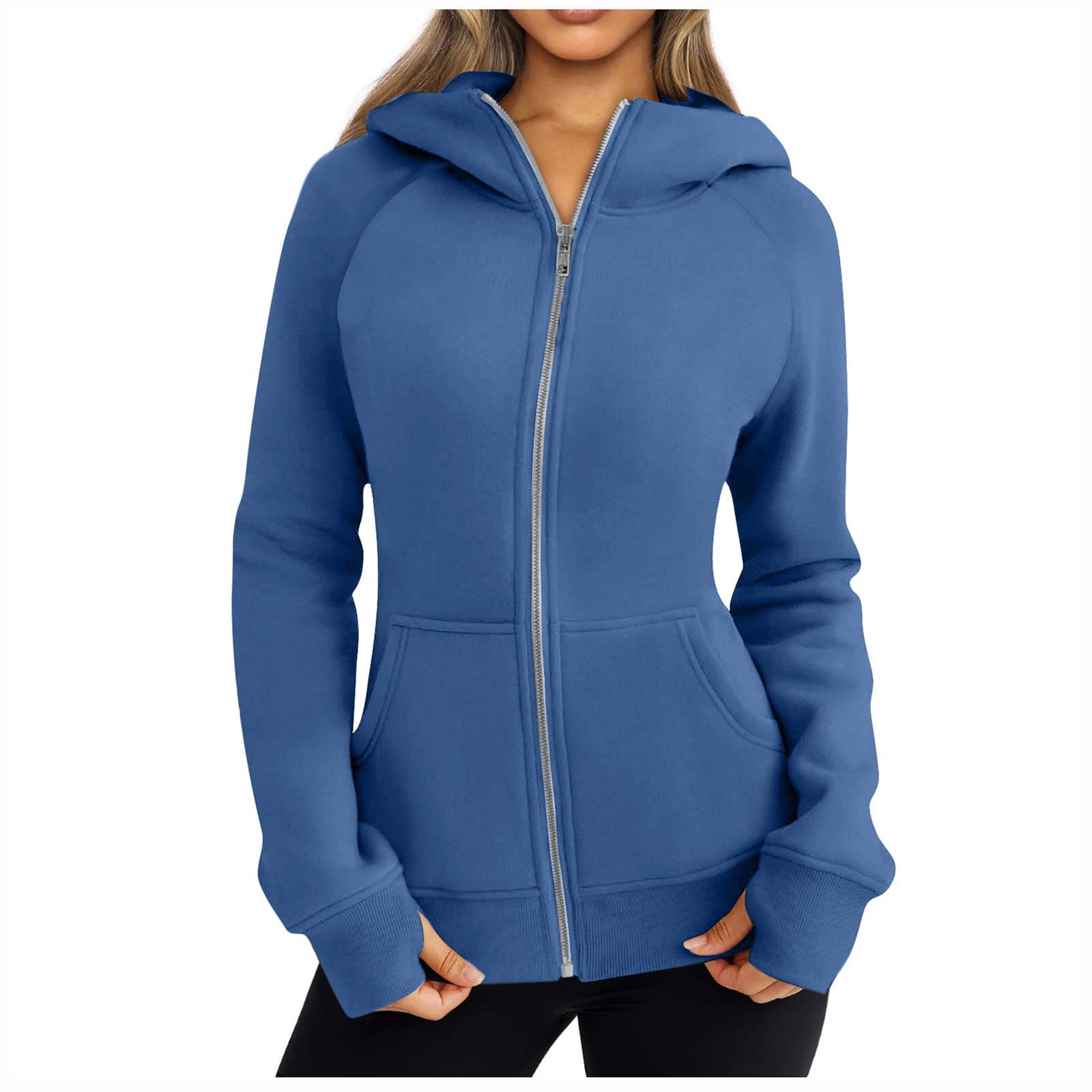 Timegard Chandail à Capuchon à Fermeture à Glissière pour Femmes, Manches Longues, Couleur Unie, Automne, Décontracté, Confortable, Chandails à Capuchon avec Poches