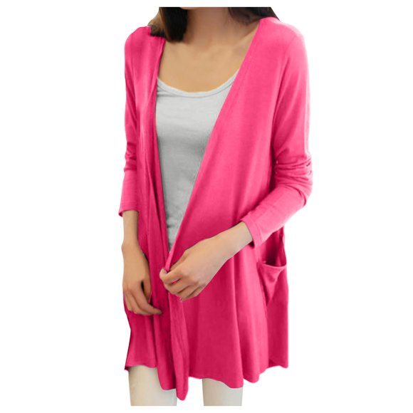 Fgnfyis Cardigan Long pour Femmes à Manches Longues Mince Printemps Été Automne avec Poches Veste Ouverte Rose Vif Taille Unique