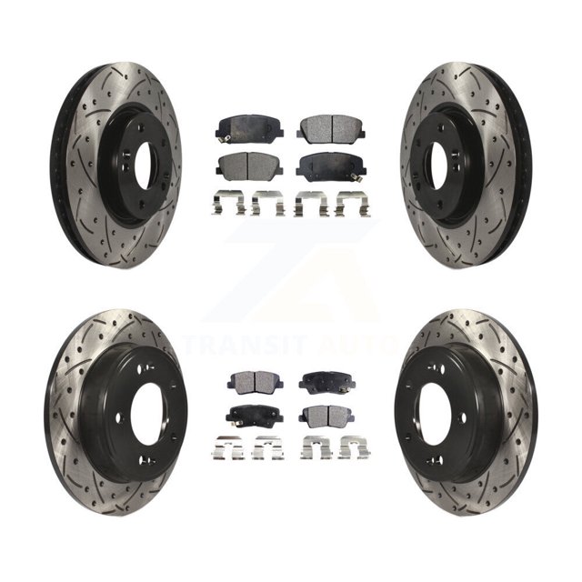 Transit Auto Front Rear Coated Drilled Slotted Disc Brake Rotors and Ceramic Pads Kit for Car 2013-2015 Hyundai Veloster Turbocharged KDT-100311