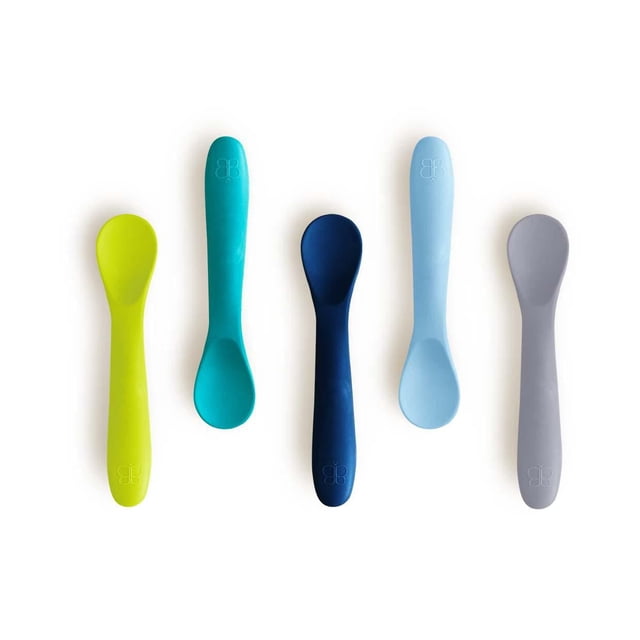Spoön set of 5 silicone spoons in lime green, teal, navy blue, light blue, and gray, each 5.5 inches long with a soft, flexible spoon head and rounded handle made of BPA-free, food-grade silicone, dishwasher safe and antibacterial, suitable for feeding babies and toddlers.