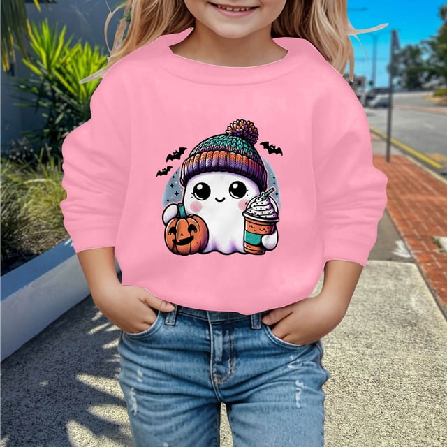 MIASHUI Chandails à Capuchon et Chandails pour Filles Mode Enfants Halloween Mignon Imprimé Col Rond Sans Capuche Manches Longues Chandail Rose, 2-3 Ans