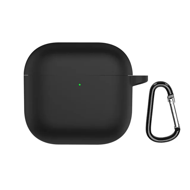 GadgetCom Replacement Case compatible with Apple AirPods 4, a shockproof silicone earbuds pouch cover in black. Includes a clip hook for convenient carrying and handling. Offers full protection against scratches, dirt, and damage.