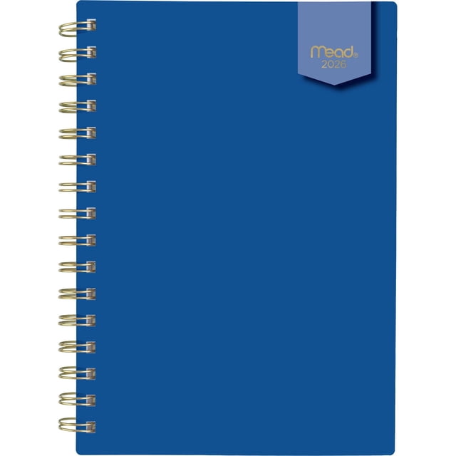 2026 Mead® Galactic Blue Small Weekly Planner with a solid cobalt blue durable poly cover and twin gold coil binding that resists snagging and lays flat, featuring a gold foil Mead 2026 logo on a blue tab at the top right, measuring 5 1/2 by 8 1/2 inches, ideal for detailed weekly and monthly scheduling.