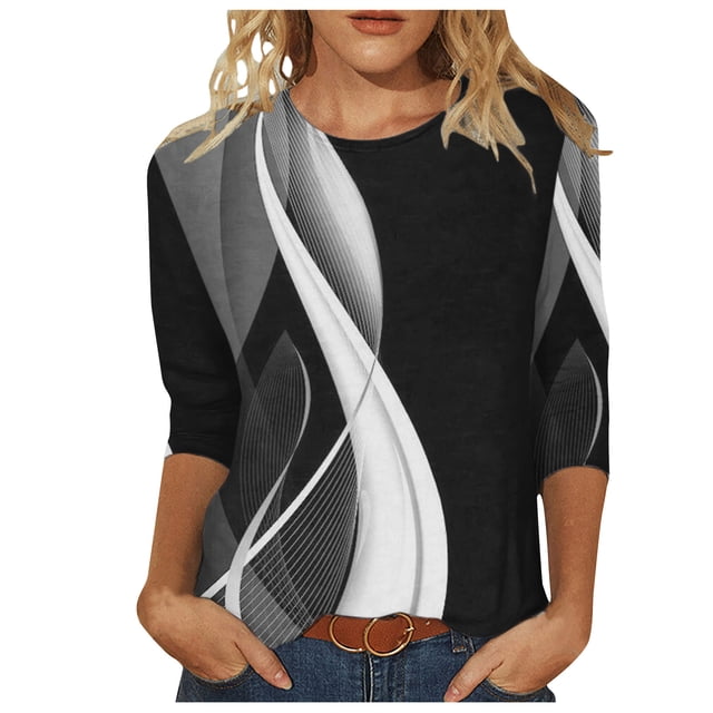 Pompotops T-shirt de Mode pour Femmes, Blouse Mi-Longue à Manches 3/4, Col Rond, Hauts Décontractés en Liquidation