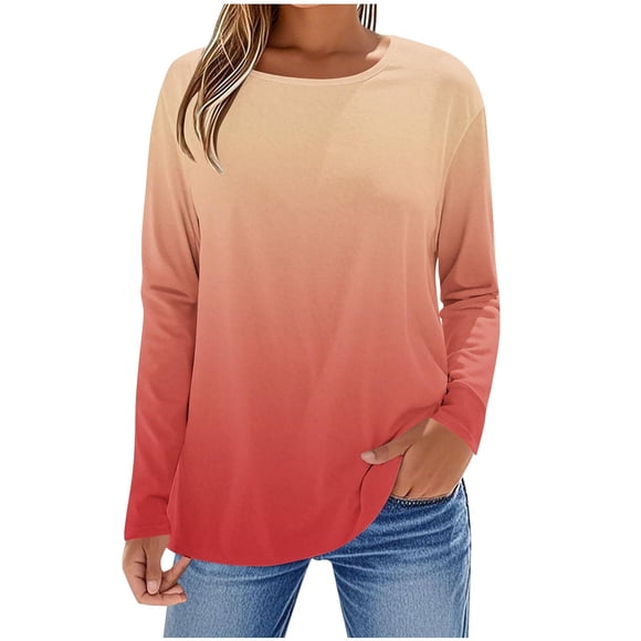 SROBPTY Womens Long Sleeve Shirts, Women's Fashion Fallow Printing Round Neck Long Sleeves T-Shirt Top Orange, L