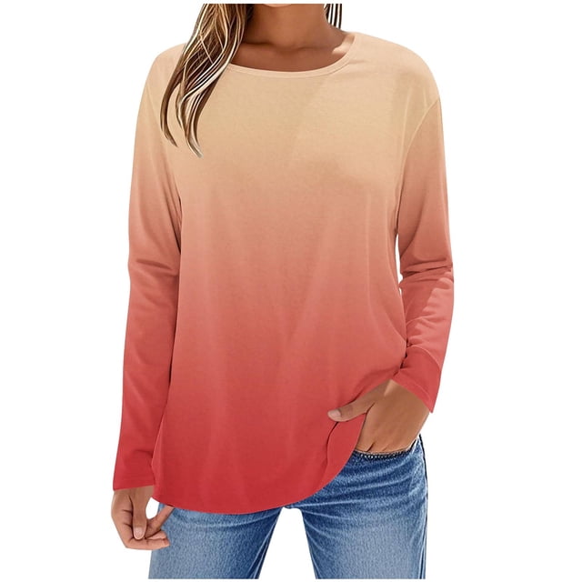 SROBPTY Longues Chandails à Manches pour Femmes, T-Shirt à Manches Longues à Col Rond avec Imprimé Automnal pour Femmes Orange, TG