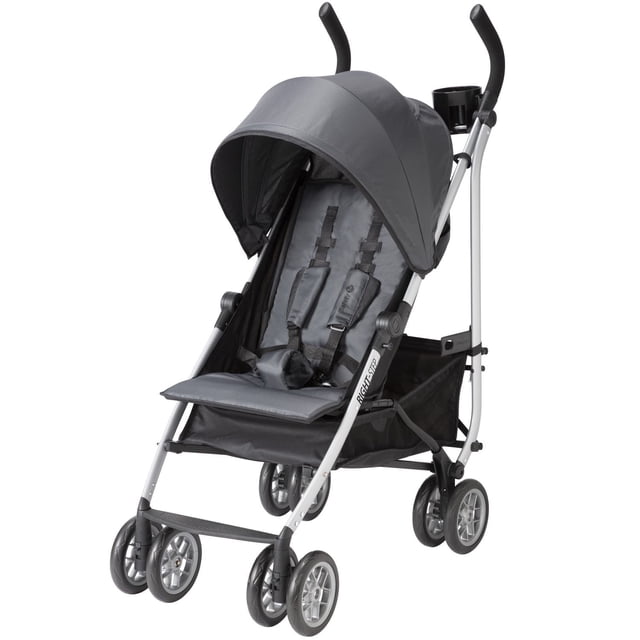 Safety 1st Right-Step Compact Stroller in grey with lightweight aluminum frame, extra-large canopy with peek-a-boo window, padded 5-point harness, inward-facing cup holder, three-position recline, and large storage basket underneath.