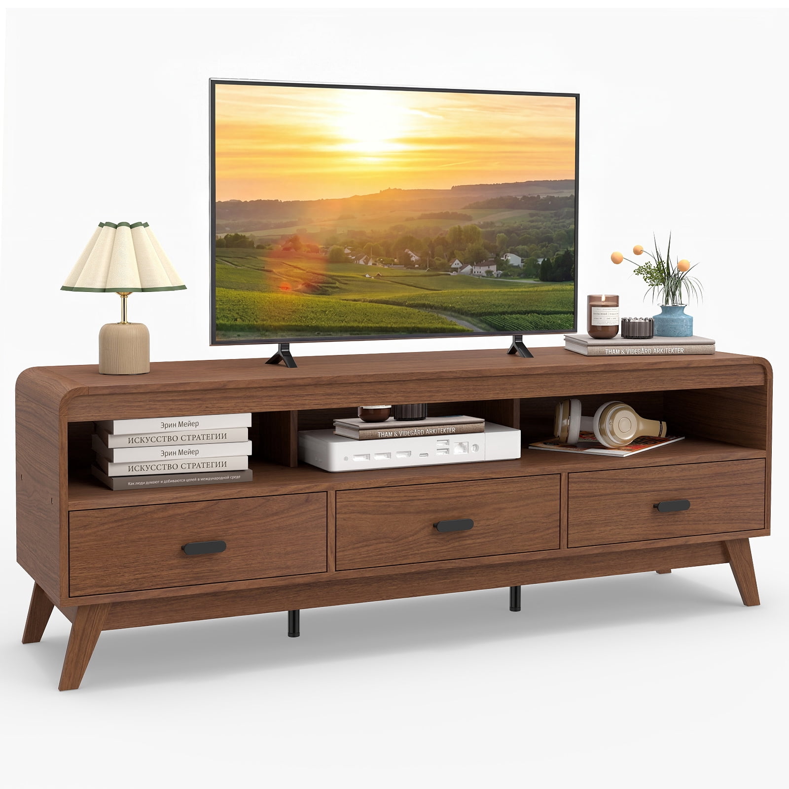 Gymax Support de Téléviseur pour Téléviseurs jusqu'à 70 po Centre de Divertissement de Style Moderne du Milieu du Siècle