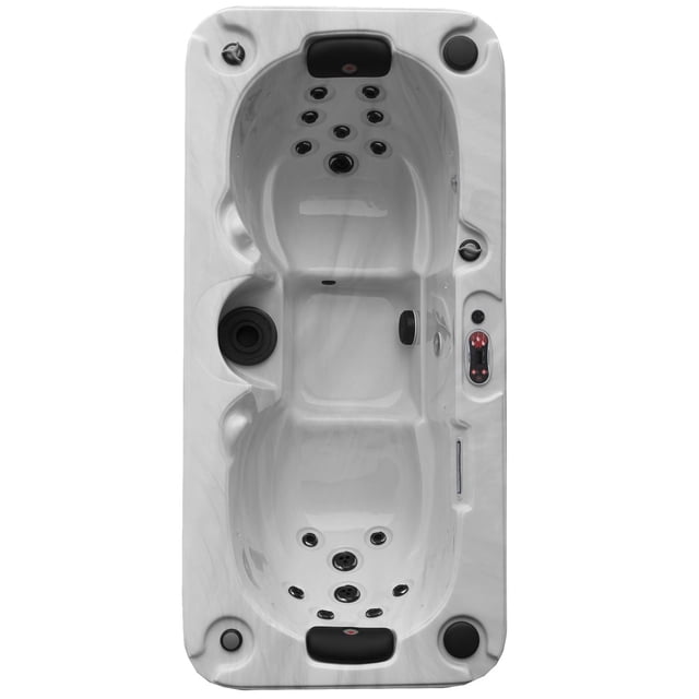 Top view of the Yukon 2-person plug & play hot tub featuring 16 jets, two black headrests, and control panel on the side.