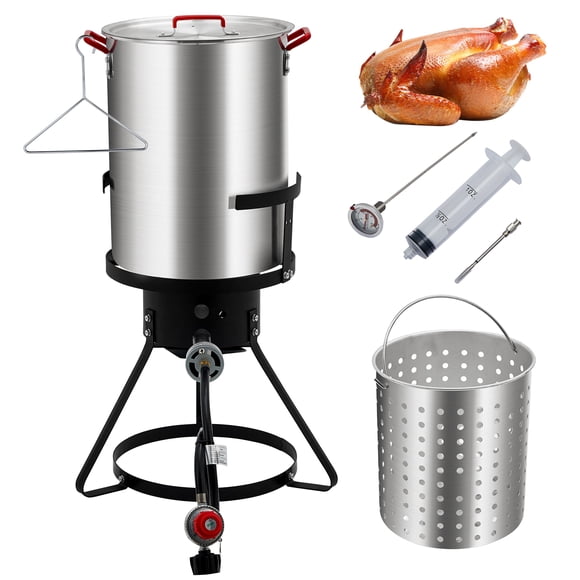 Friteuse à Dinde en Aluminium 30 Qt, Ensemble de Friteuse Profonde d'Extérieur avec Friteuse au Propane et Chaudière Vapeur pour Fruits de Mer, Régulateur 0-5 PSI, Injecteur de Viande, Crochet de Levage, Grille, Noir
