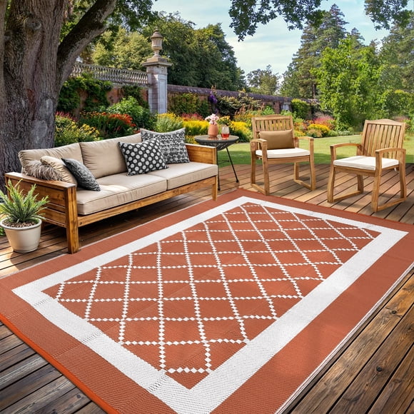 Nanan 8x10 Classic Lattice Outdoor Rug, All-Weather Waterproof Patio Mat, UV Resistant, Stain Resistant, Easy Clean Plastic Rug for Outdoor Living Spaces, Deck, Campsite,Terracotta Orange/White