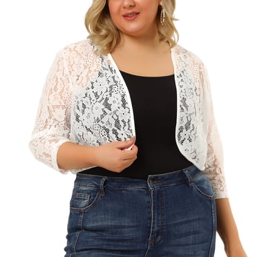 GRACE & GRANDEUR Juniors' Plus Size Lace Crop Shrug Cardigan