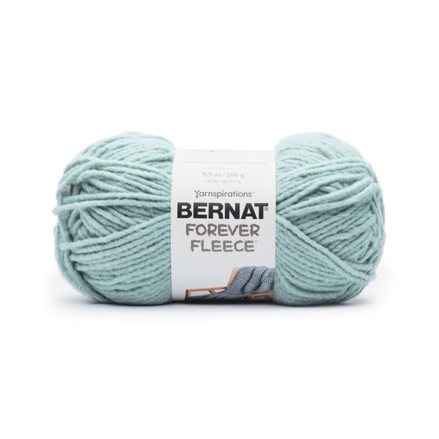 Bernat® Forever Fleece™ Yarn in light blue, 100% polyester super bulky #6 yarn, 9.9 oz (280 g), 194 yards (177 m), shown front-facing with a white label displaying the brand and product name, suitable for quick knitting and crochet projects.