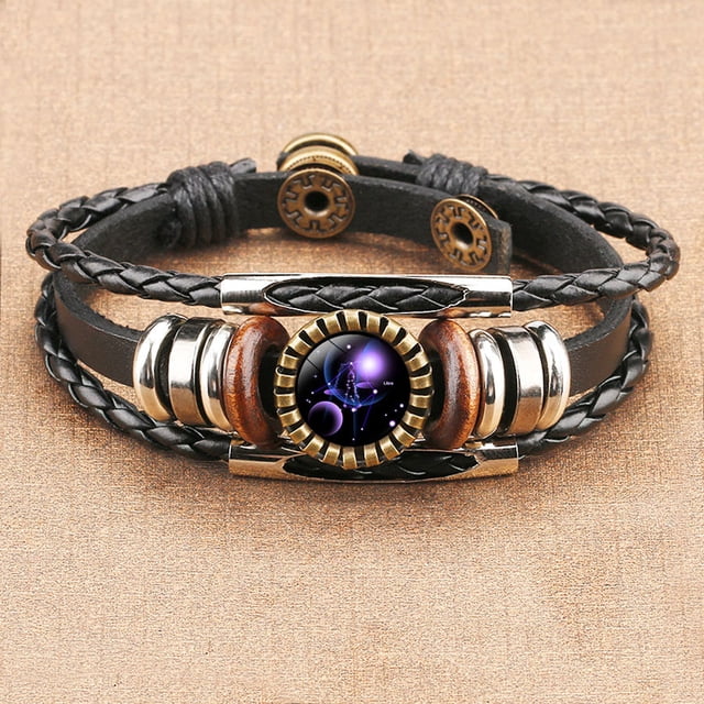 TopLLC Bracelets 12 Constellation Bracelet Leather Rope Bracelet Ladies Men Hand Woven Rope Bracelet Punk Chain Cuffs a Bracelet