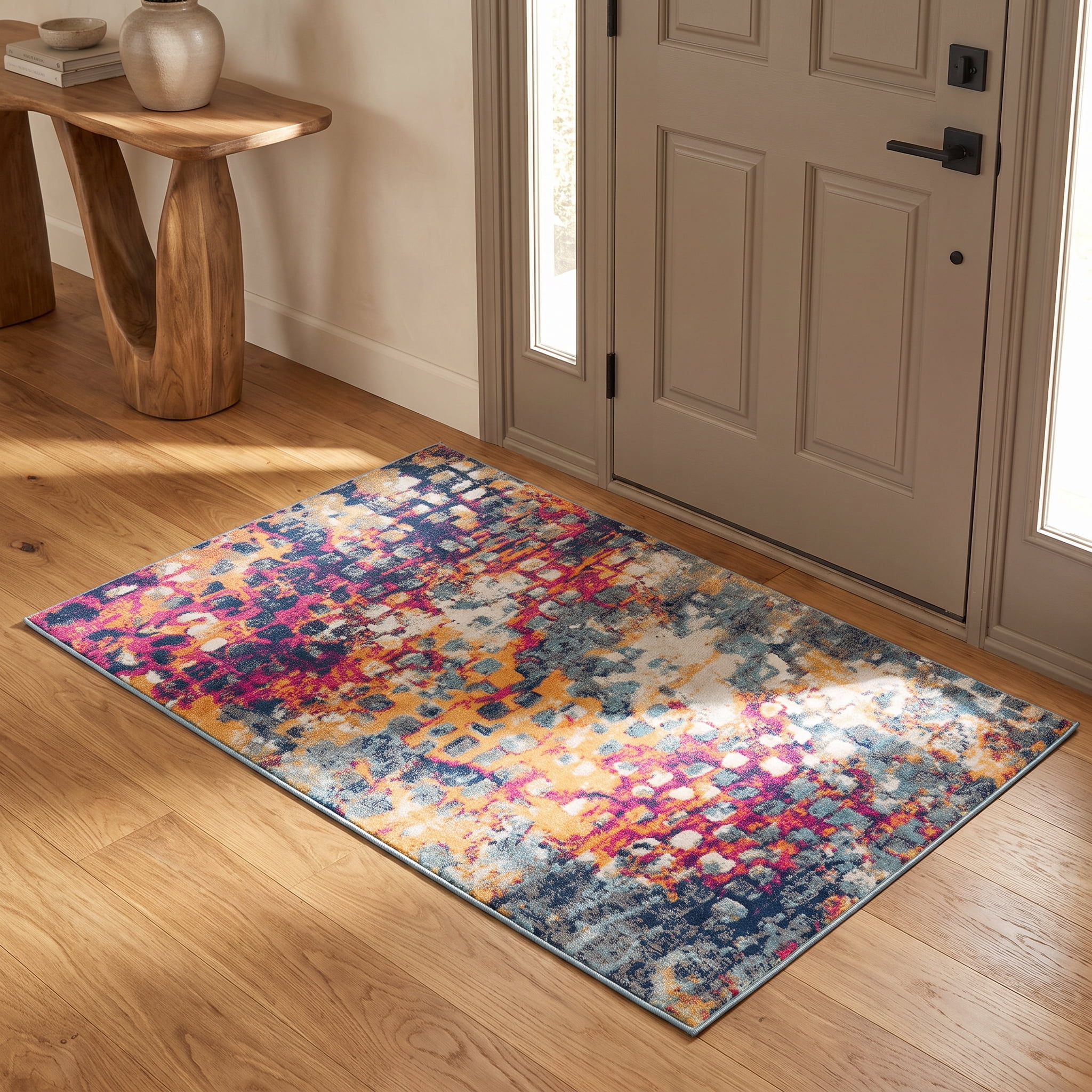 Rug Branch Savannah 2' x 2' (Exact Size: 2'3" x 2') Boho Indoor Doormat Rug, Yellow Blue, Abstract - Entryway, Hallway, Bathroom, and Kitchen