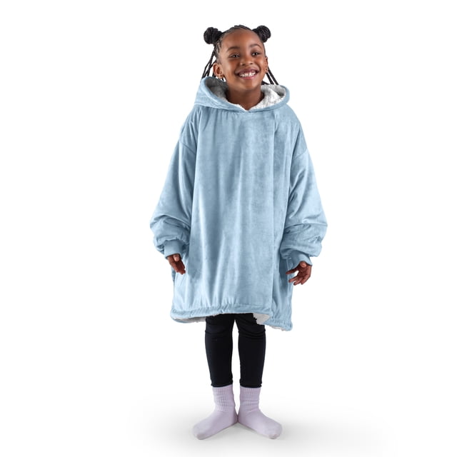 Bare Home Plush Sherpa Wearable Blanket - Fluffy & Soft - Lightweight - Youth, Light Blue