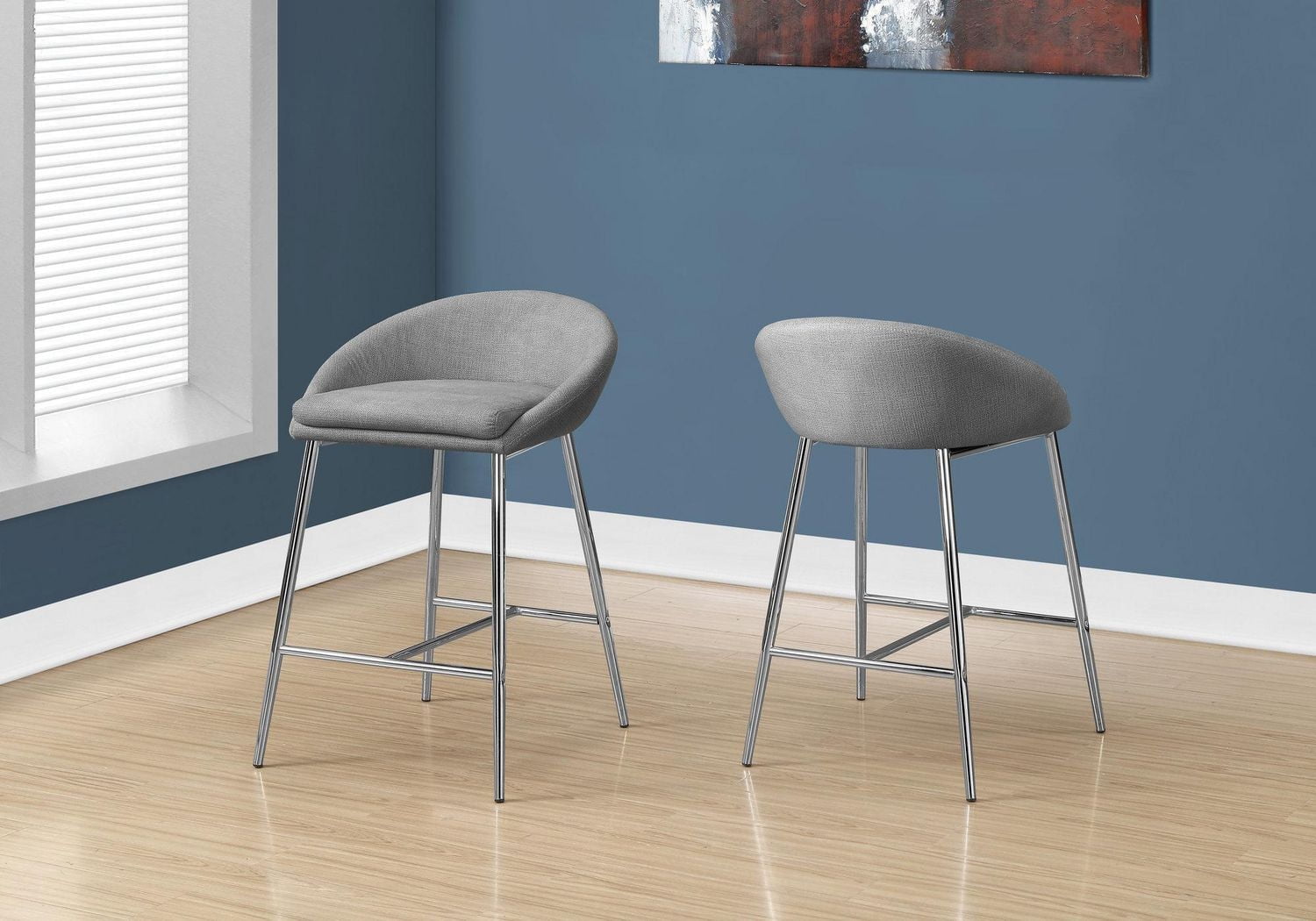 Monarch Specialties Bar Stool, Set Of 2, Counter Height, Kitchen, Metal, Fabric, Grey, Chrome, Contemporary, Modern