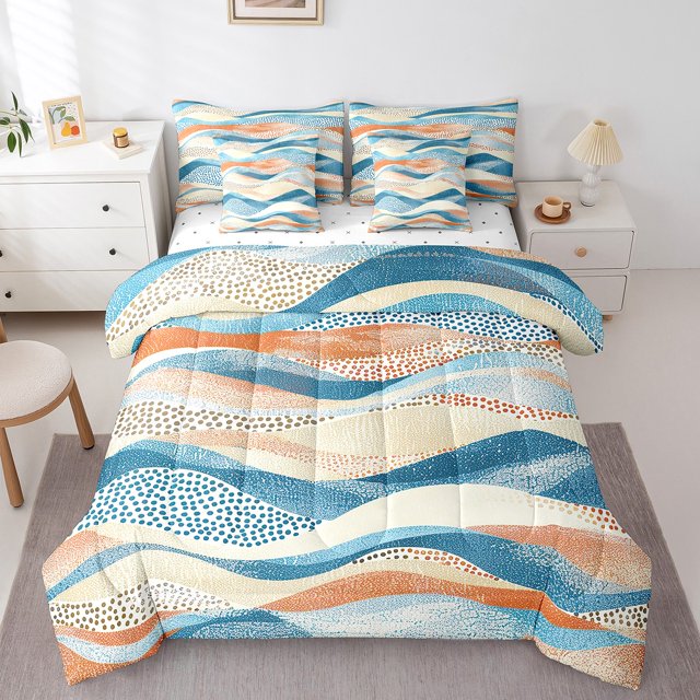 YST 7-Piece Geometric Wave Bedding Set, Black Polka Dots, King Size Comforter Set, Modern Abstract Art Bedding