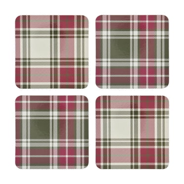 Holiday Time Cranberry Spice Collection Festive Red Green Plaid Square Cork Coasters, Table Protector Pad, 4" x 4", 4-Pack