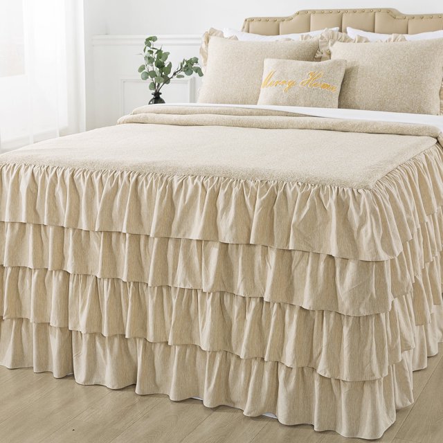 JML Ensemble de Couvre-Lit à Jupe à Volants 4 Pcs, Ensemble de Courtepointe Doux à Retombée de 30 Pouces, Très Grand, Camel
