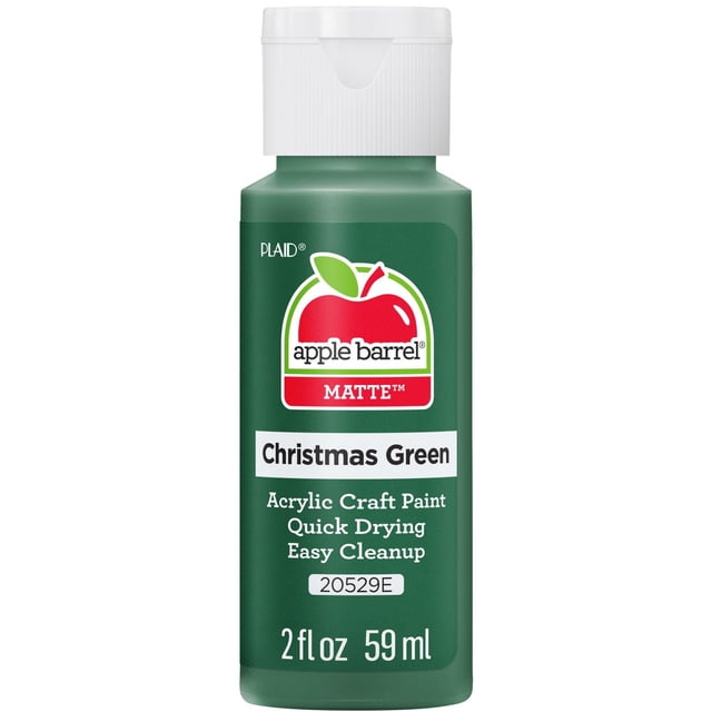 Apple Barrel Colors Matte Acrylic Craft Paint, 2 fl. oz., Christmas Green in a green plastic bottle with a white flip-top cap, featuring the Apple Barrel logo and labeled for quick drying and easy cleanup, suitable for various arts and crafts surfaces including wood, paper, and canvas.