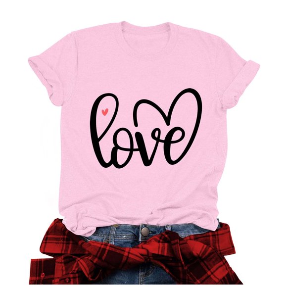 Penkiiy Womens Valentines Day Shirts Print Graphic Tees Cute Love Heart Shirts Casual Short Sleeve XL Pink