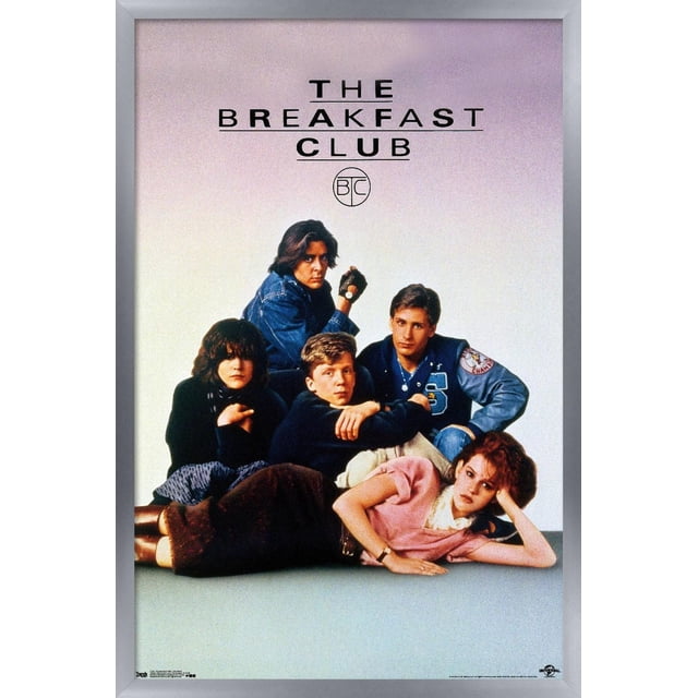 The Breakfast Club - One Sheet Wall Poster, 22.375" x 34" framed poster showing five young adults in 1980s casual attire posed against a light gradient background with the title 'THE BREAKFAST CLUB' and B/C logo above, printed on glossy paper with a black 1-inch deep frame, ideal for dorm, office, or bedroom wall decor and suitable for gifting.