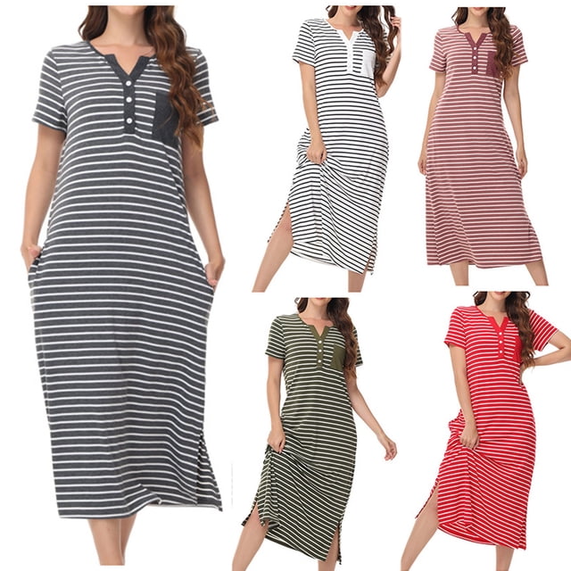 Jovati Longue Chemise de Nuit pour Femmes, Robe de Nuit en Coton à Col Rond, Manches Courtes, Coupe Ample, avec Poches, Blanc Rouge Vin Gris Foncé Vert Armée
