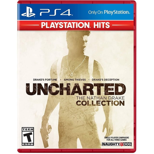 UNCHARTED: The Nathan Drake Collection PS4 game cover showing a sepia-toned silhouette of Nathan Drake holding a pistol with a vintage map texture overlay. The cover highlights the single-player campaigns of Drake’s Fortune, Among Thieves, and Drake’s Deception, featuring PlayStation Hits branding and Naughty Dog developer logo.