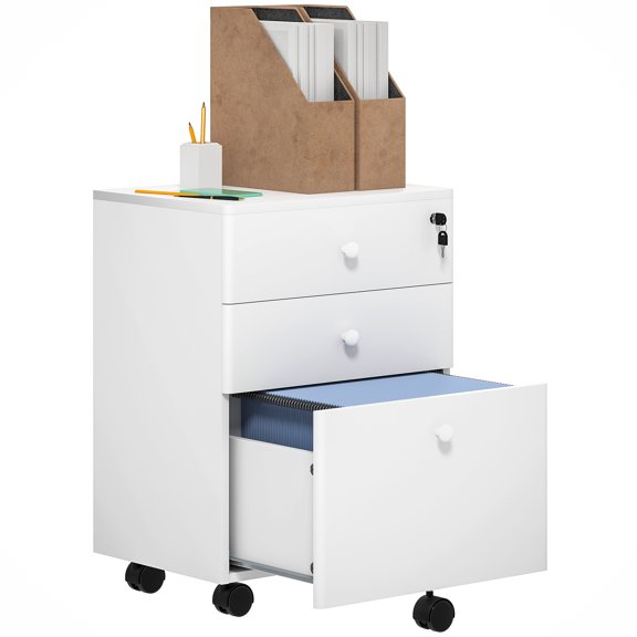 HOMCOM 3-Drawer Filing Cabinet with Lock, Mobile File Cabinet, White