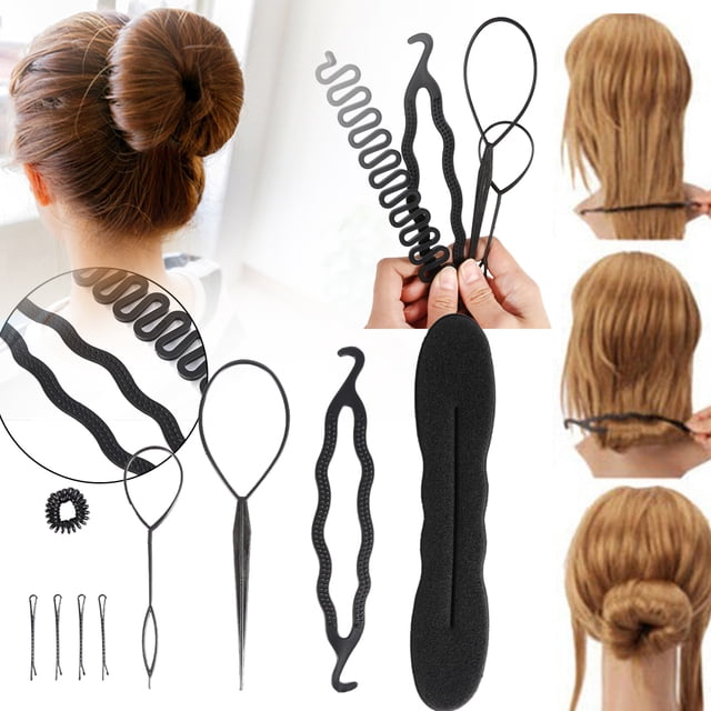 Yosoo 4PCS/9PCS Hair Styling Kit with pull hair clips, sponge disk hair tool, braiding tools, and magic hair clips for DIY hairstyles. Made of durable plastic, sponge, and metal, ideal for creating hair buns and styles for weddings, appointments, or parties.