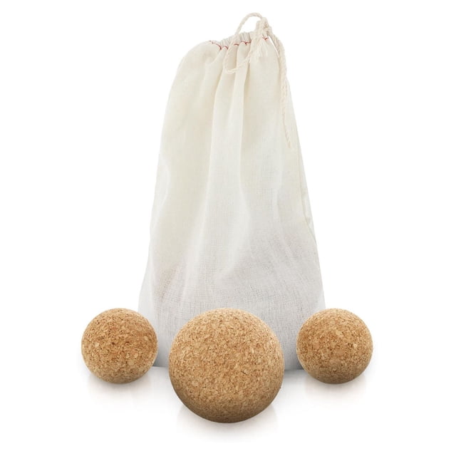 Cork Fitness & Massage Ball Set with Carry Bag includes three natural cork massage balls—one 3-inch and two 2-inch—placed before a white cotton drawstring bag on a white background, designed to relieve muscle tension and soreness during fitness recovery and suitable for use anywhere due to its lightweight, durable, and hypoallergenic cork material.