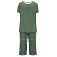 thumbnail image 4 of Timegard Womens Pajamas Sets Lounge Short Sleeve Pleated Top Checkered Capri Pants with Pockets Pjs Outfits, 4 of 7