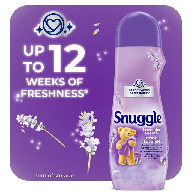 Snuggle Lavender Breeze Soothing Comfort In-Wash Scent Booster 595g bottle with purple cap and lavender floral graphics on a purple background, highlighting up to 12 weeks of freshness with floating lavender sprigs and sparkle effects.